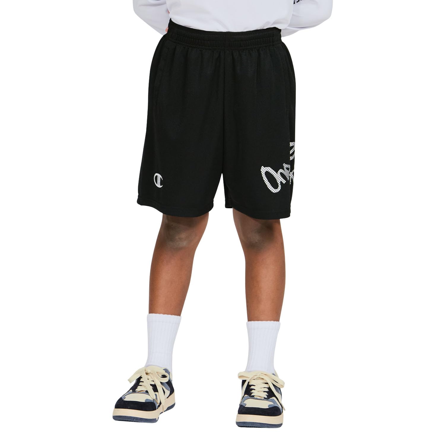 

Шорты детские Champion Logo Rubber Pocket Dazzle CODORLESS от Black x Silver, быстросохнущие, вышивка, принт, шорты, трикотаж, POLYGIENE, баскетбол,