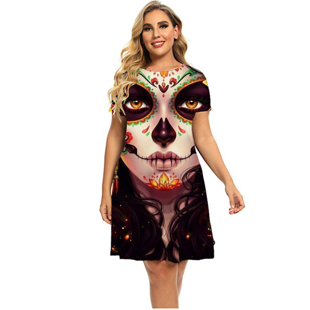 Slim Women's Dress Short Sleeve Skull Digital 3D Print Fashion V-Neck Women Clothes Summer Sexy Solid Color Casual A-line Dress