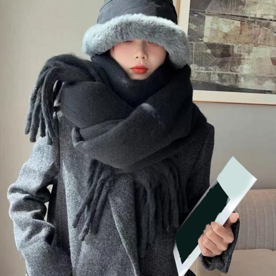 Women Winter Scarf Solid Color Lightweight Soft Warm Scarf with Tassel Trim Cold Weather Imitation Cashmere Scarf