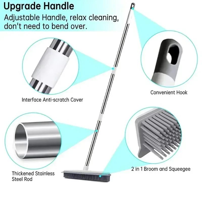 2 In 1Rubber Broom Carpet Rake With Squeegee Long Handle For Pet Hair Fur Remover Broom Fluff Carpet Hardwood Floor No Scratch