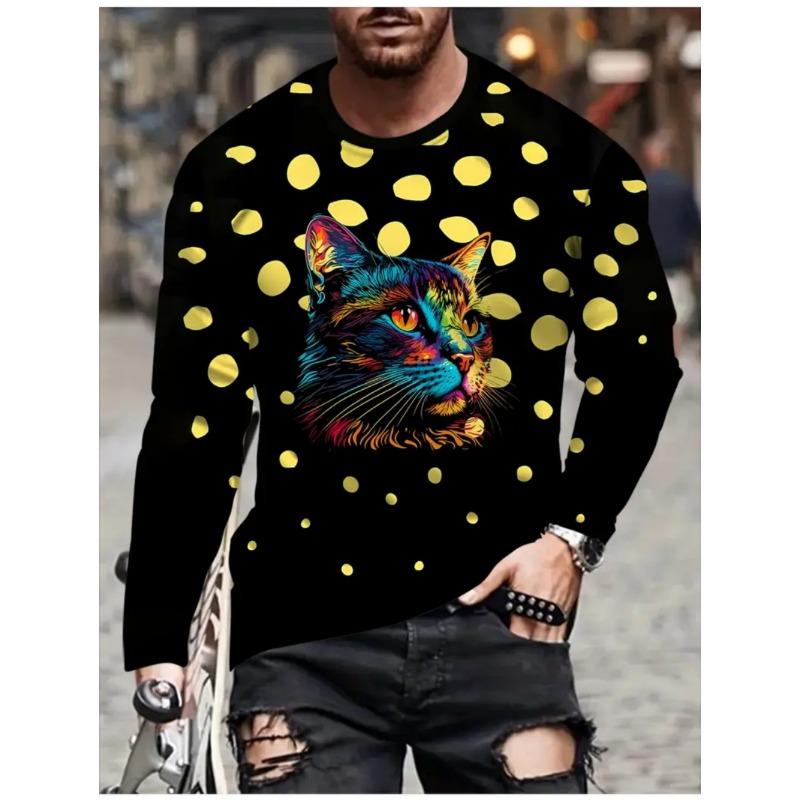 Samurai Cat T-Shirt for Men Funny Animal 3D Graphic Men's Long Sleeve Tee O-Neck Men's Clothing Japanese Anime Style Y2k Tops