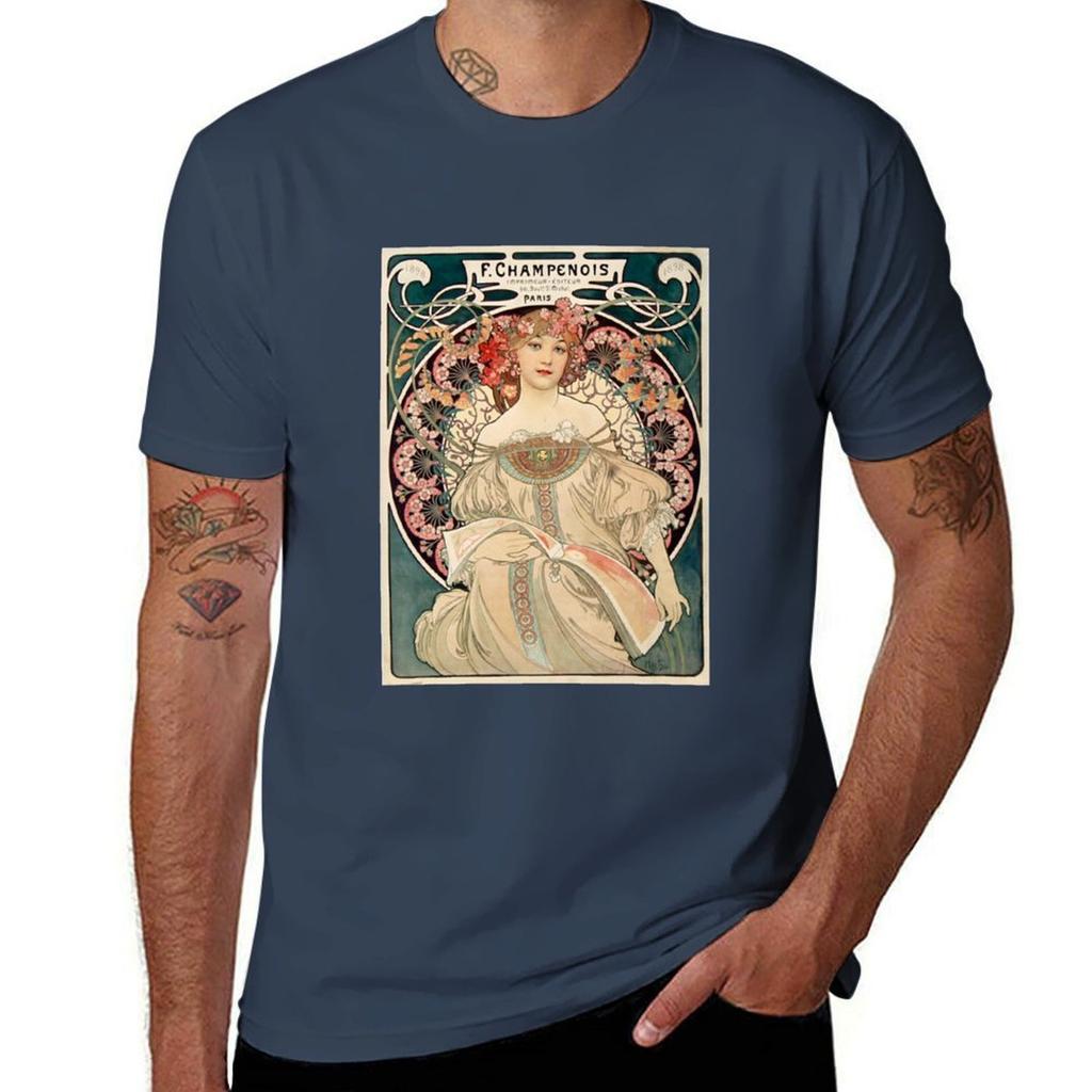 Vintage 1898 Alphonse Mucha Werbe Unisex Jugendstil Böhmisch Pariser Druck T-Shirt Mode Einfaches Lässiges T-Shirt