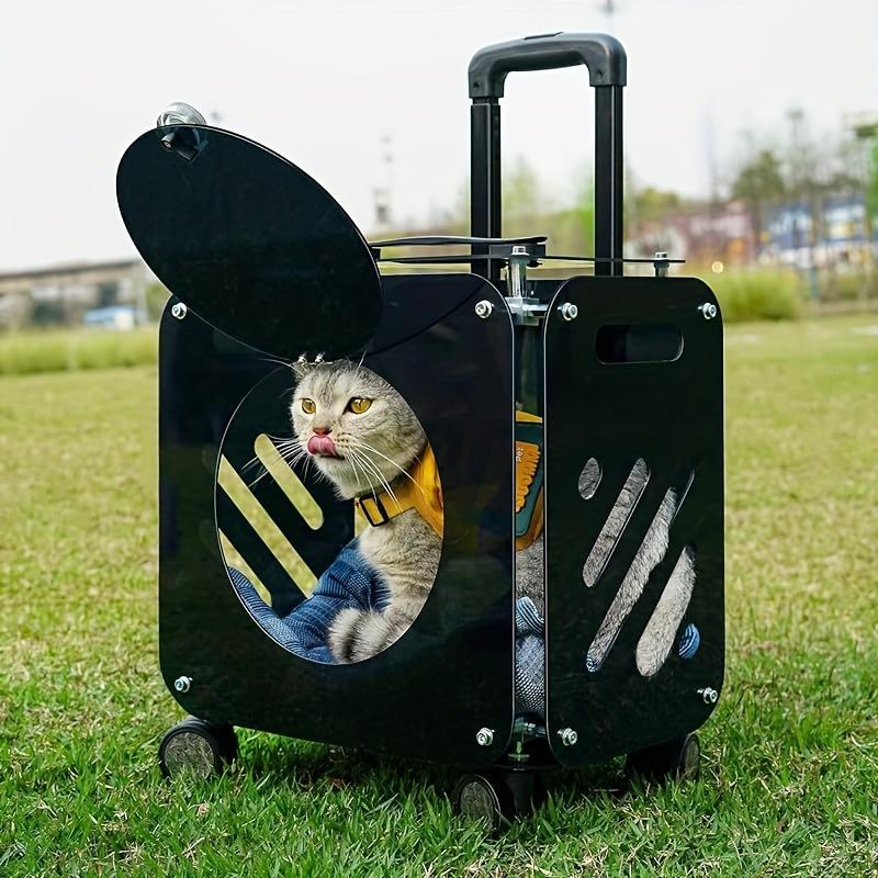 Portable Pet Cat Carrier Suitcase with Wheels, Transparent Hard PC Material, Zip Closure, Telescopic Handle, Breathable Mat,