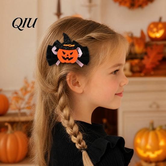 Funny Halloween Clips 1 Pair Girl Hairpins, Anti-Slip Clip Design Bang Hair Pins, 3D Bow Decorative Hairpin Pumpkin Skull Eyes Shape Clips,