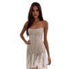 Women Evening Dress Sequin Fluffy Fur Decor Sleeveless Off Shoulder Skinny Sheath Backless