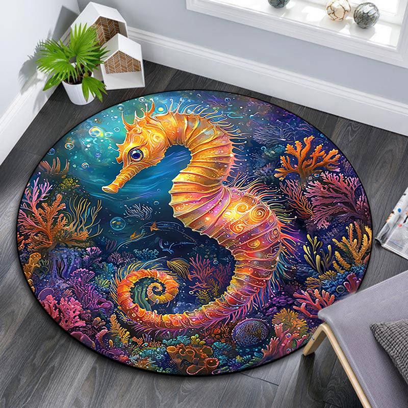 Seahorse Round Area Rug,Carpet Rug for Living Room Bedroom Sofa Playroom Decor,Non-slip Floor Mat