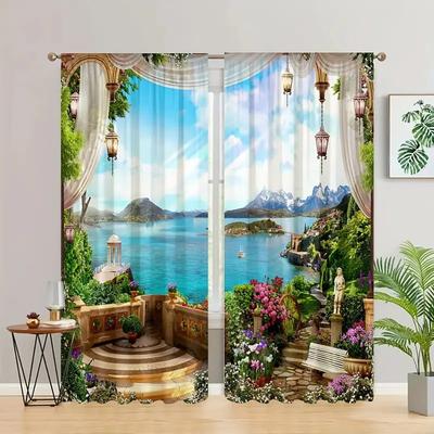 Tende stampate con paesaggi di montagna e mare, tende in tessuto per soggiorno, camera da letto e ristorante, decorazioni per la casa 2 pezzi