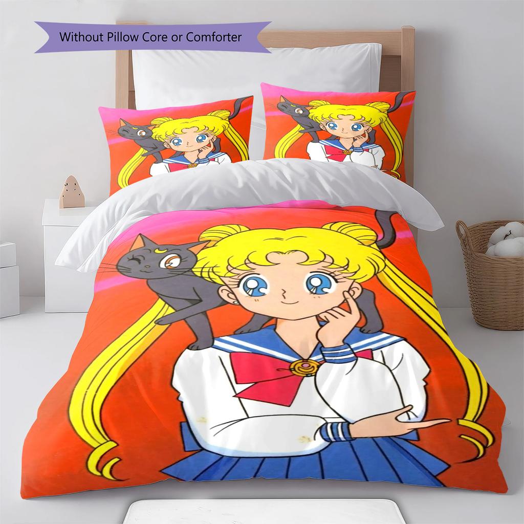 Sailor Moon Action Pose Anime Bedding Set Polyester Duvet Cover Soft Bed Linen Set -QJY