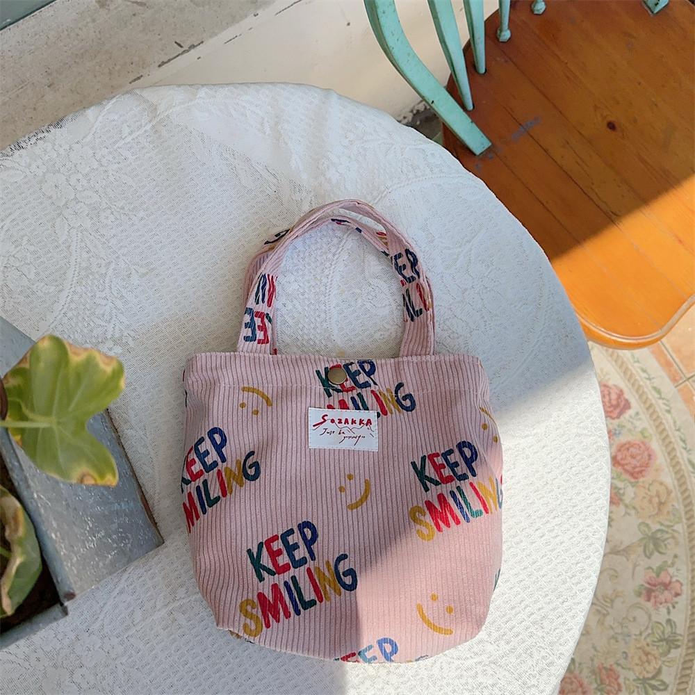 

Cute Corduroy Tote Bag Casual Street Style Medium Size Portable Lunch Bag With Letter Pattern Soft Magnetic Closure Light Pink