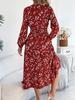 Women Elegant Floral V Neck Long Sleeve High Waist Ruffled A Line Long Dress