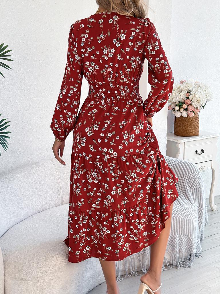 Women Elegant Floral V Neck Long Sleeve High Waist Ruffled A Line Long Dress