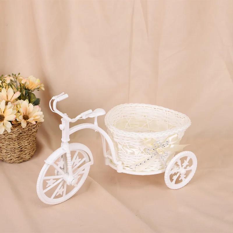 Handmade Rattan Flower Bike Vase Colorful Rose Flower Daisy Artificial Flower Pot for Home Wedding Decoration Storage Container