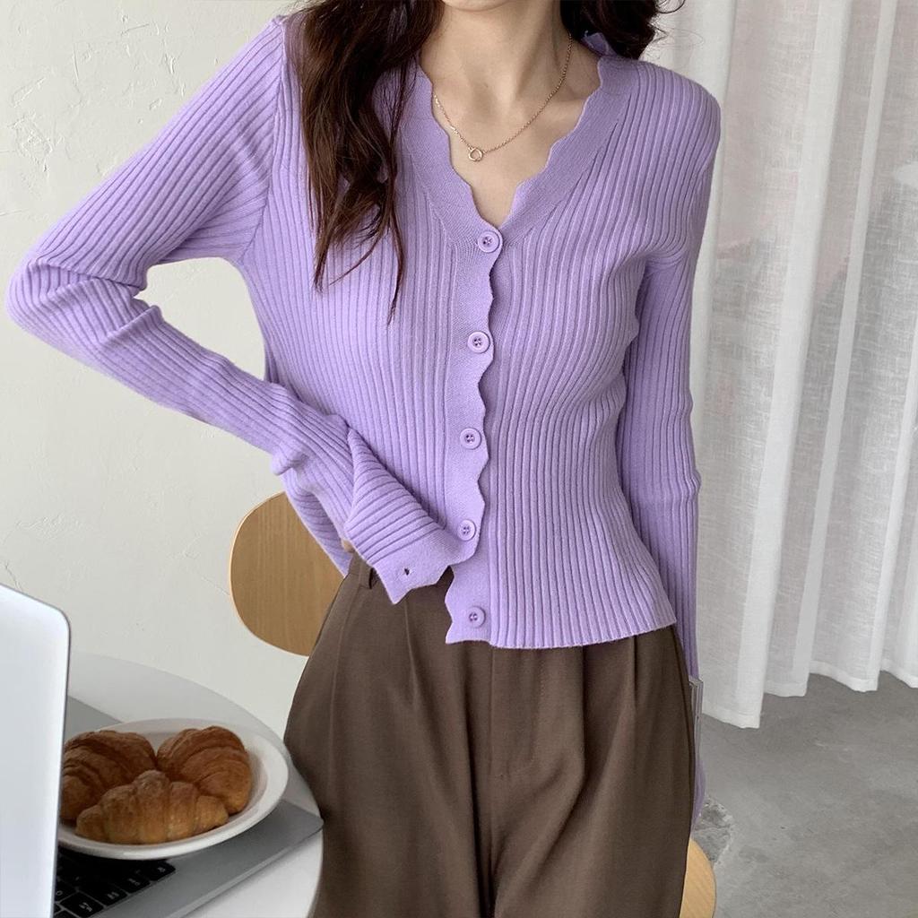 Autumn Korean V-Neck Slim Fit Core-Spun Yarn Cardigan Sweater for Women