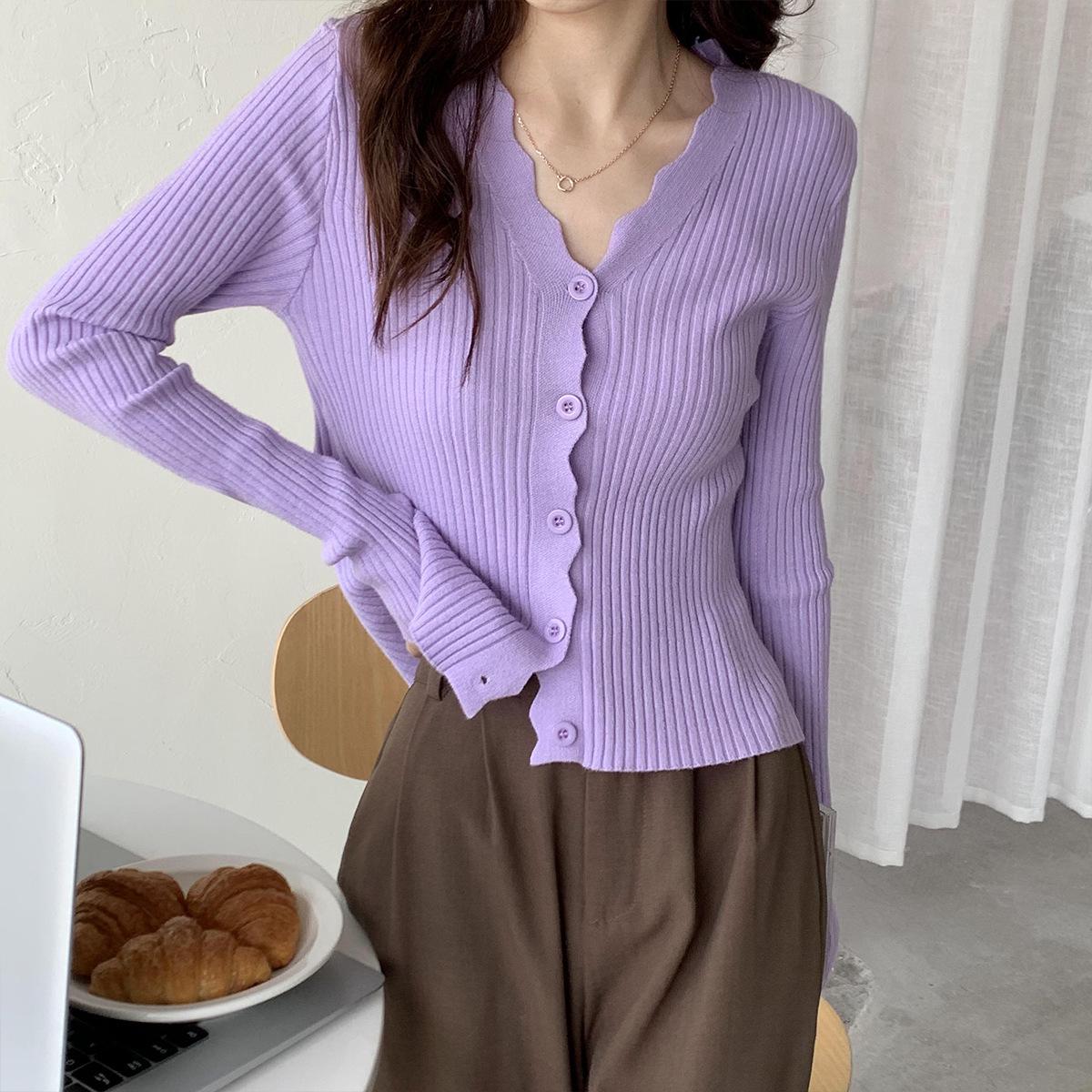 

Осенний корейский облегающий свитер-кардиган из пряжи Core-Spun с V-образным вырезом для женщин One Size фиолетовый