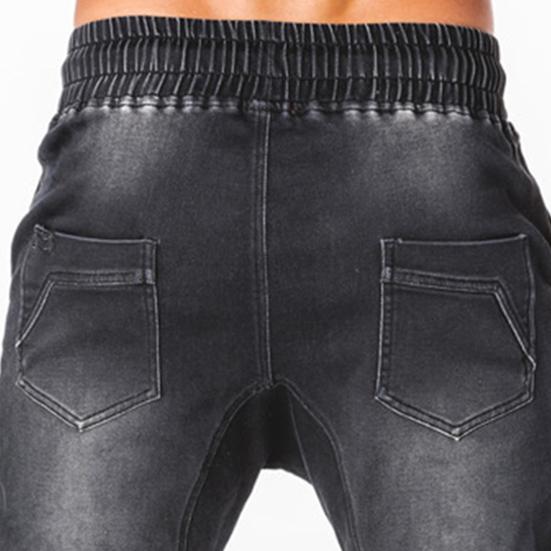 Men Jeans Solid Color Pockets Summer Washable Ankle Tied Denim Pants Streetwear