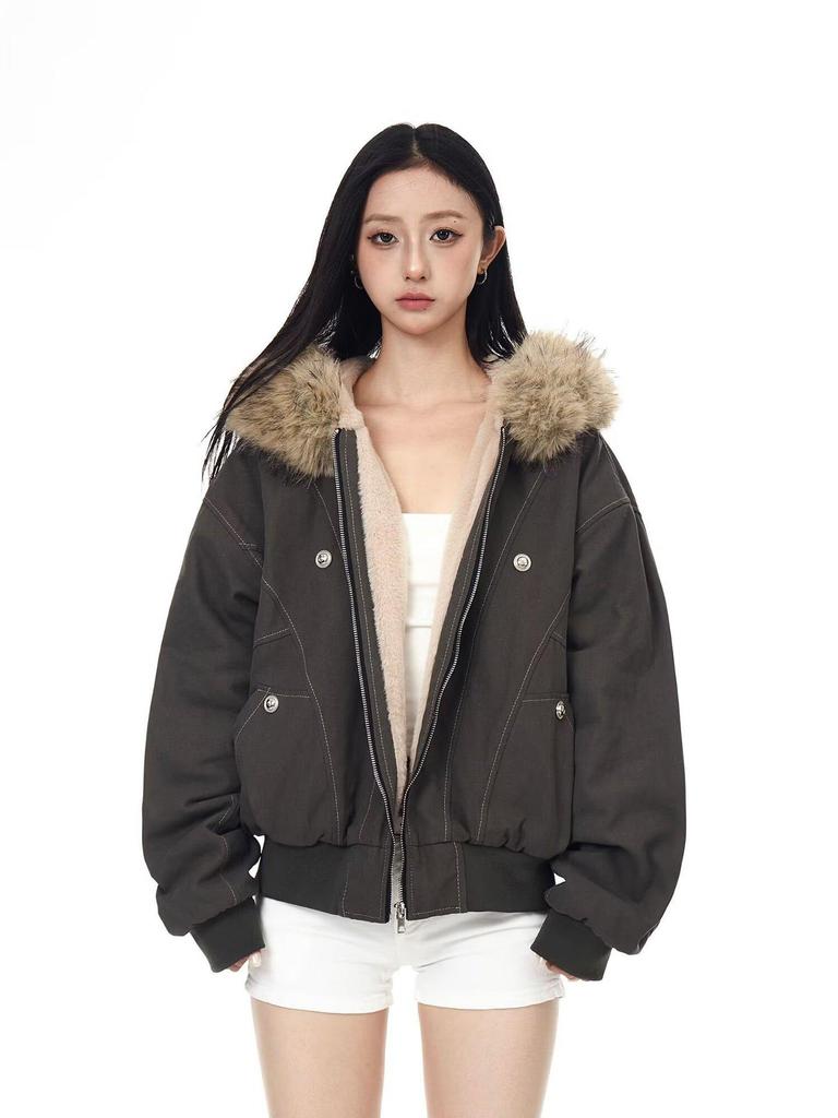 Unisex Retro Patchwork Pelzkragen Kapuzen Baumwolljacke – Winterdesign, Kurzmantel mit Fleecefutter.