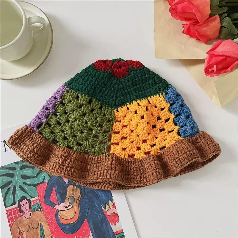 Korean Ins Retro Flower Crochet Bucket Hat For Women Handmade Knitted Hollow Basin Hat Ladies Spring Summer Sunscreen Sun Hat