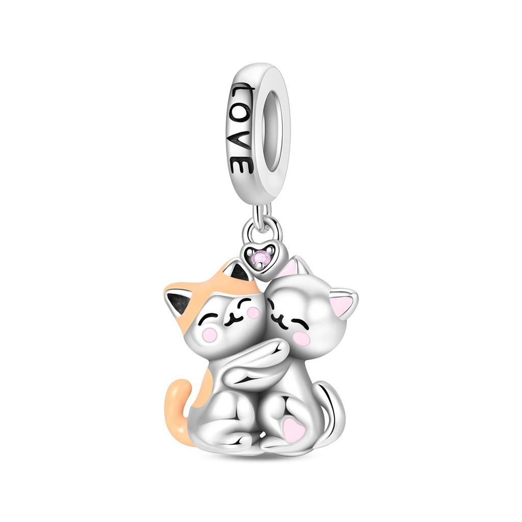 S925 Silver DIY Couple Bracelet Necklace Set with Heart Holding Hands Cat Dog Charm Pendant Bead Jewelry