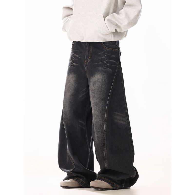 American Vintage Cat Whisker Design Black Curved Knife Jeans Men and Women Ruffle Handsome Distressed High Street Loose Casual Wide-Leg Pants