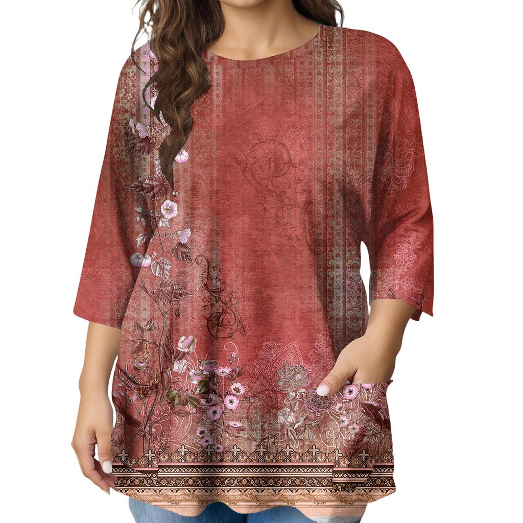 Modeblus för damer, större storlekar, med tryck, kortärmad, för elegant pendling och fritid