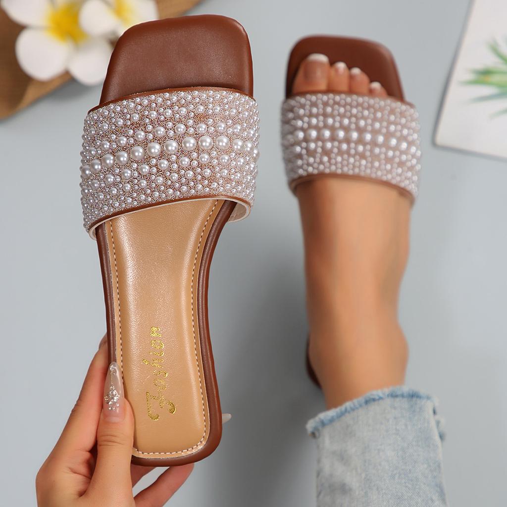 [Foreign Trade] Flat-bottomed Slippers Pearl Rhinestone Outer Wear Square Head Fashionable and Versatile Casual Women's Sandals