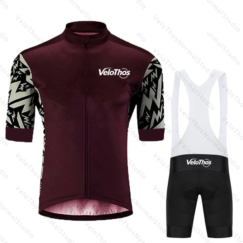VeloThos Summer Cycling Jersey Set Short Sleeve and Bib Shorts Sport Camping Pro Race Bicycle Clothing MTB Ropa Maillot for Men