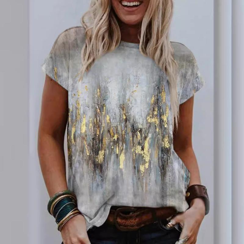 Printed T-shirt Painting Round Neck Women's Short Sleeved Casual T-shirts Vintage Top