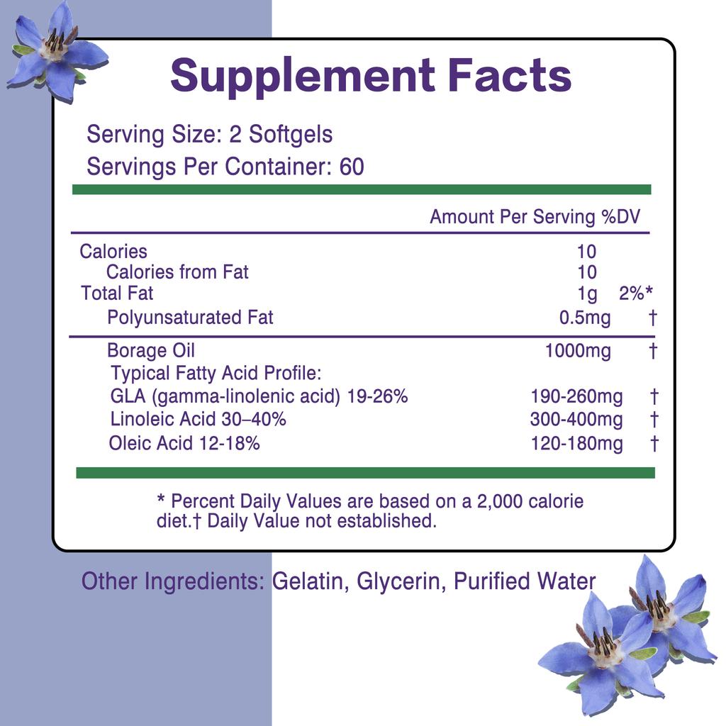 Pslalae High-Absorption Borage Oil Capsules, 1000 mg, 100% Vegan, Suitable for Skin Health and Hair, Easily Absorbed