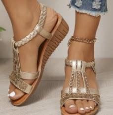Sapatos para Mulheres Verão Mulheres Plataforma Bohemia Strass Casuais Sandálias Plataforma Feminino Bico Aberto Outdoor Sapatos de Praia 2026