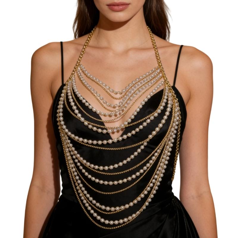 Bohemian Body Chain Bra Pearls Bikinis Chest Chain Raves Nightclub Body Accessories Jewelry Gifts for Women Girls
