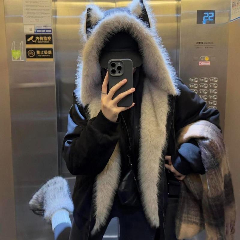 American Style Winter Cotton Jacket Cat Ear Faux Fur Hooded Coat Thicken Fleece Lined