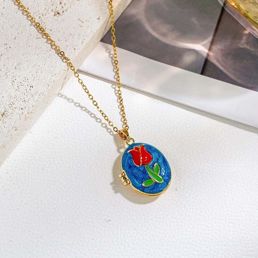 Non-Fading Openable Photo Locket Titanium Steel Vintage Enamel Necklace Locket Necklace  For Women 10