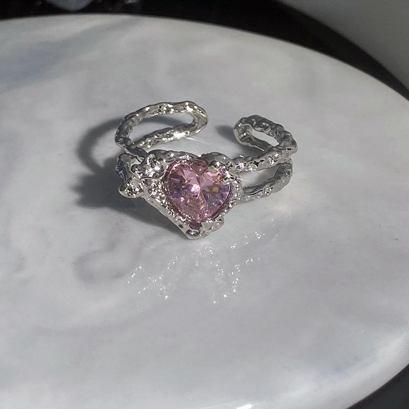 Sweet Pink Diamond Heart Adjustable Ring - Cool, Elegant, Inlaid Gems, High-End Design