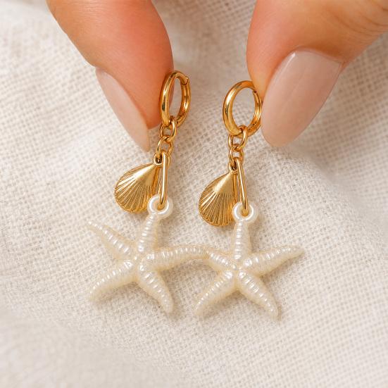 1 Pair Women Earrings, Starfish Shell Charm Long Tassel Earrings, Imitation Pearl Texture Ear Buckle Design Leverback Earrings for Summer Jewelry Gift