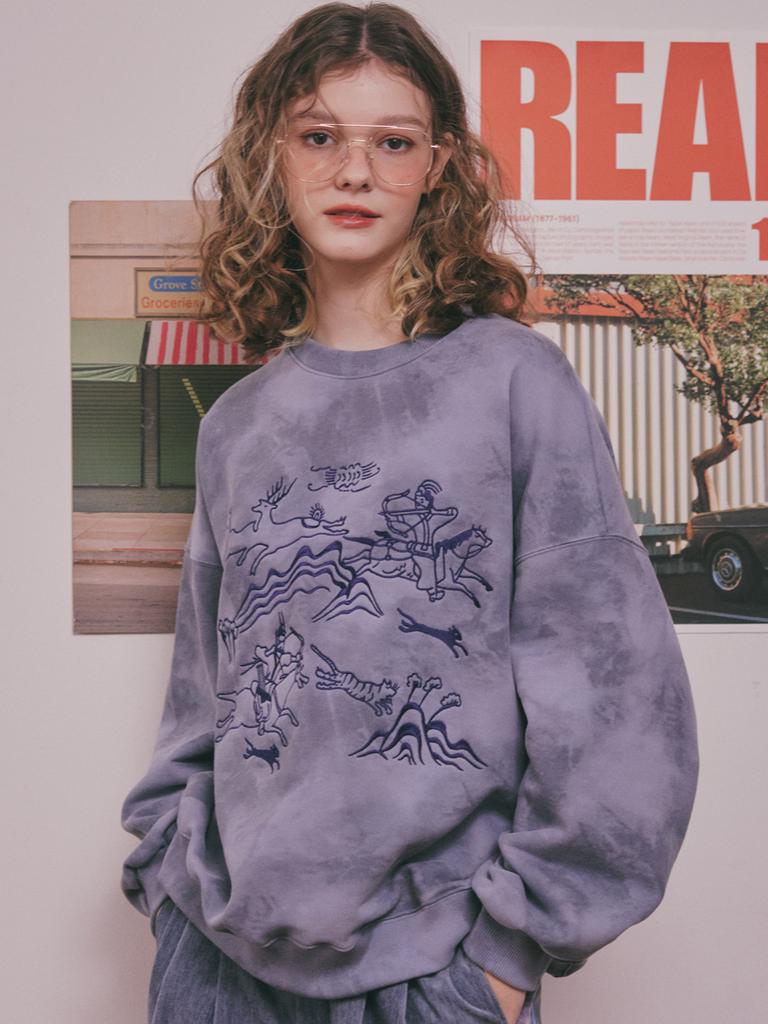 YUGADANG Hunting Scene Fleece-Lined Sweatshirt Oversized Navy