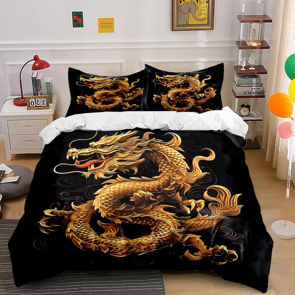 Golden Dragon Decor Set– Decorative Art Soft Comfortable Duvet Cover Bedding Set Included 1*Duvet Cover & 2*Pillowcases,Gift