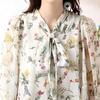 Floral Bowtie Puffy Gathered Long J-Scott Blouse, Chiffon, Sleeves, Cuffs, Lined, Sleeves, Feminine, White, JS76-WH-M