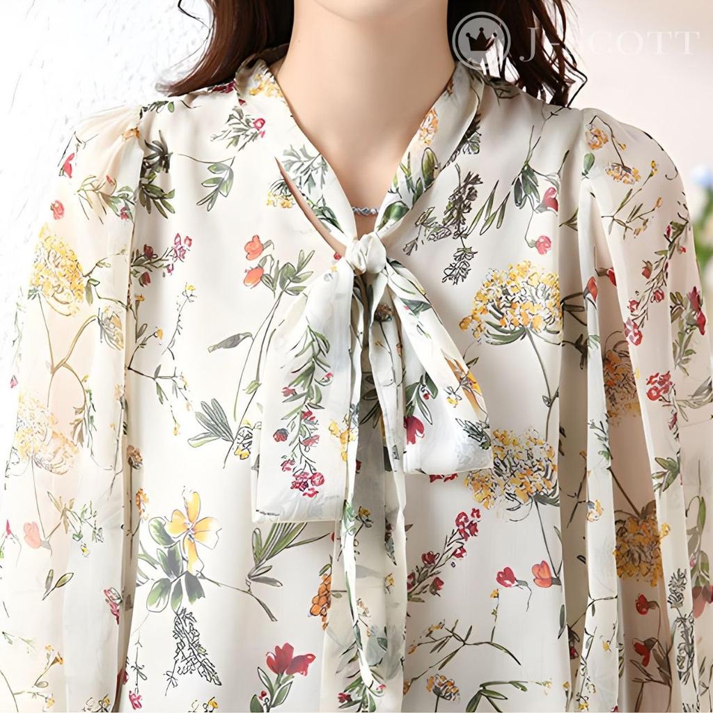 Floral Bowtie Puffy Gathered Long J-Scott Blouse, Chiffon, Sleeves, Cuffs, Lined, Sleeves, Feminine, White, JS76-WH-M