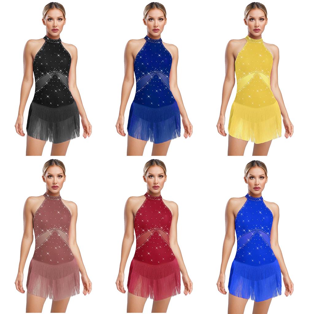 Ladies Sparkly Rhinestone Cha Cha Dance Leotard Tassel Mesh Patchwork Back Hollow Out One Piece Bodysuit