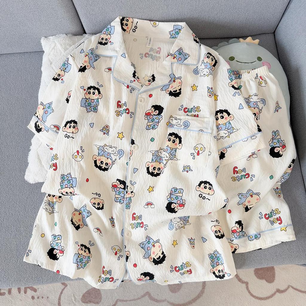 Korean Cloud Cotton Cartoon Couple Pajamas Set - Short Sleeve Cardigan & Shorts