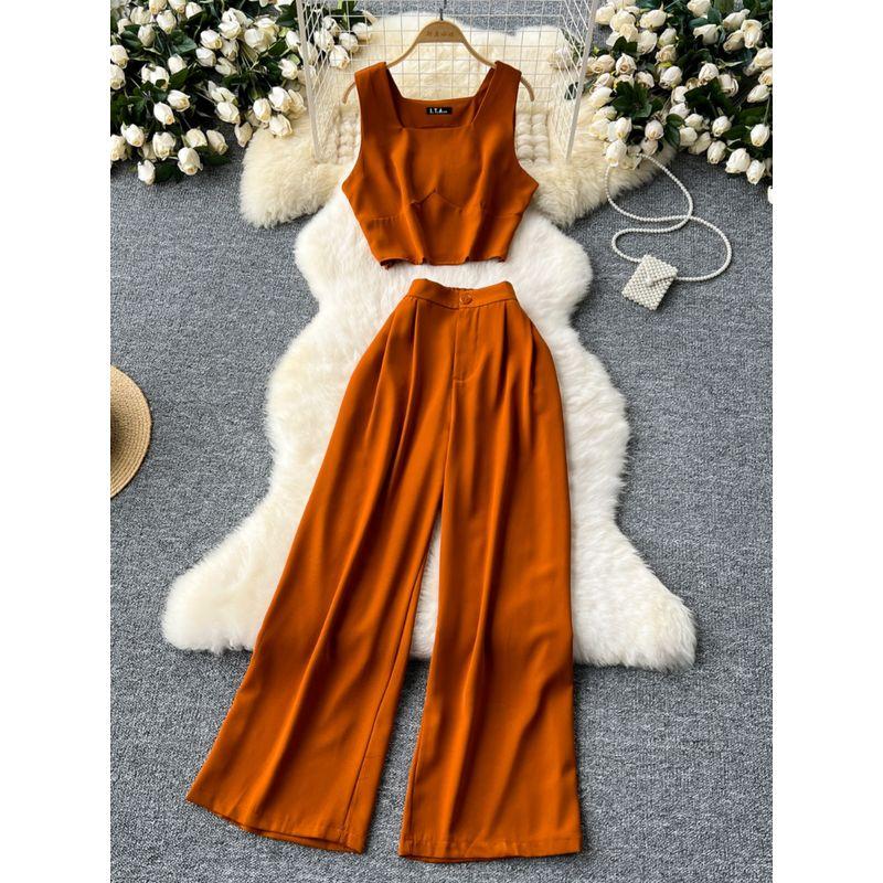 Fashion Niche Style Anti-Aging Outfits Women's Short Crop Top Sleeveless Vest Tops + High Waist Wide Leg Leisure Suit Pants