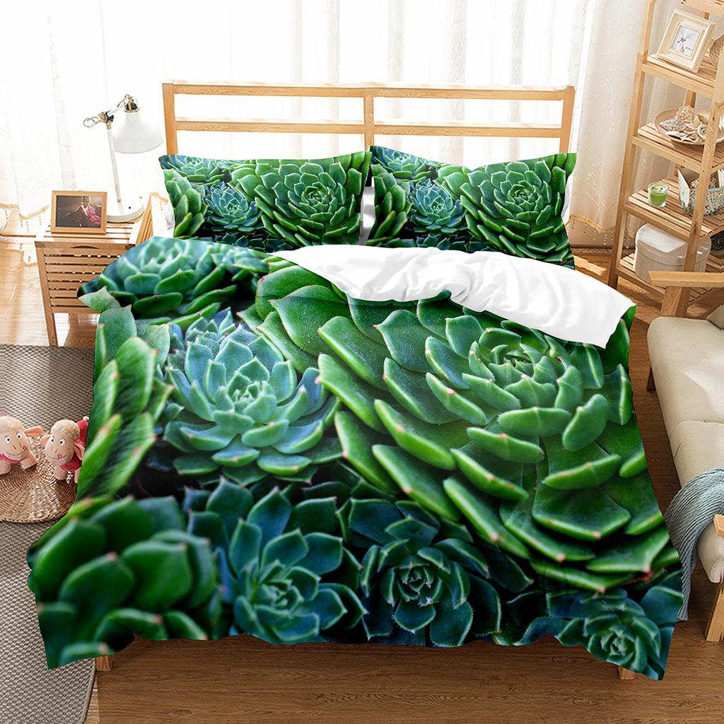 Succulent Plants Green Plant Duvet Cover Set Polyester Comforter Cover King Queen Full Size Bedding Set with Pillowcase for Teen