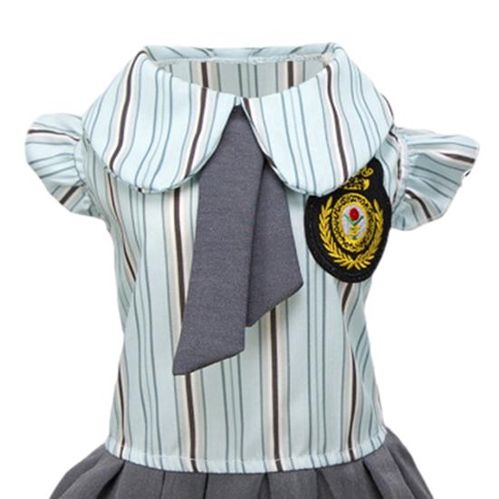 Pet Preppy Dress Shirt Summer Puppy Fly Sleeves Embroidered Badge Tie Striped Dress Top Breathable Pet Costume Outfit Apparel for Small Dogs Cats