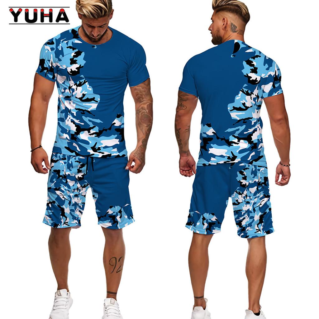 YUHA 2022 Summer Camouflage Tees/Shorts/Suits Men's T Shirt Shorts Tracksuit Sport Style Outdoor Camping Hunting Casual Mens Clo