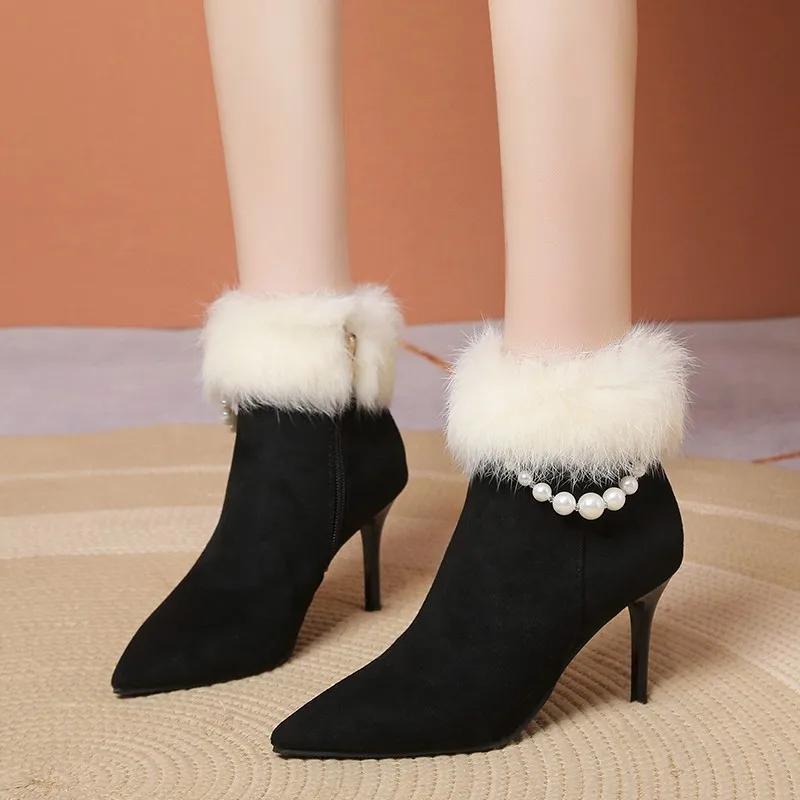 Fashion Women's Boots Autumn Winter New Style Fashion String Bead Pointed High Heel Short Tube Women's Shoes  Women Boots