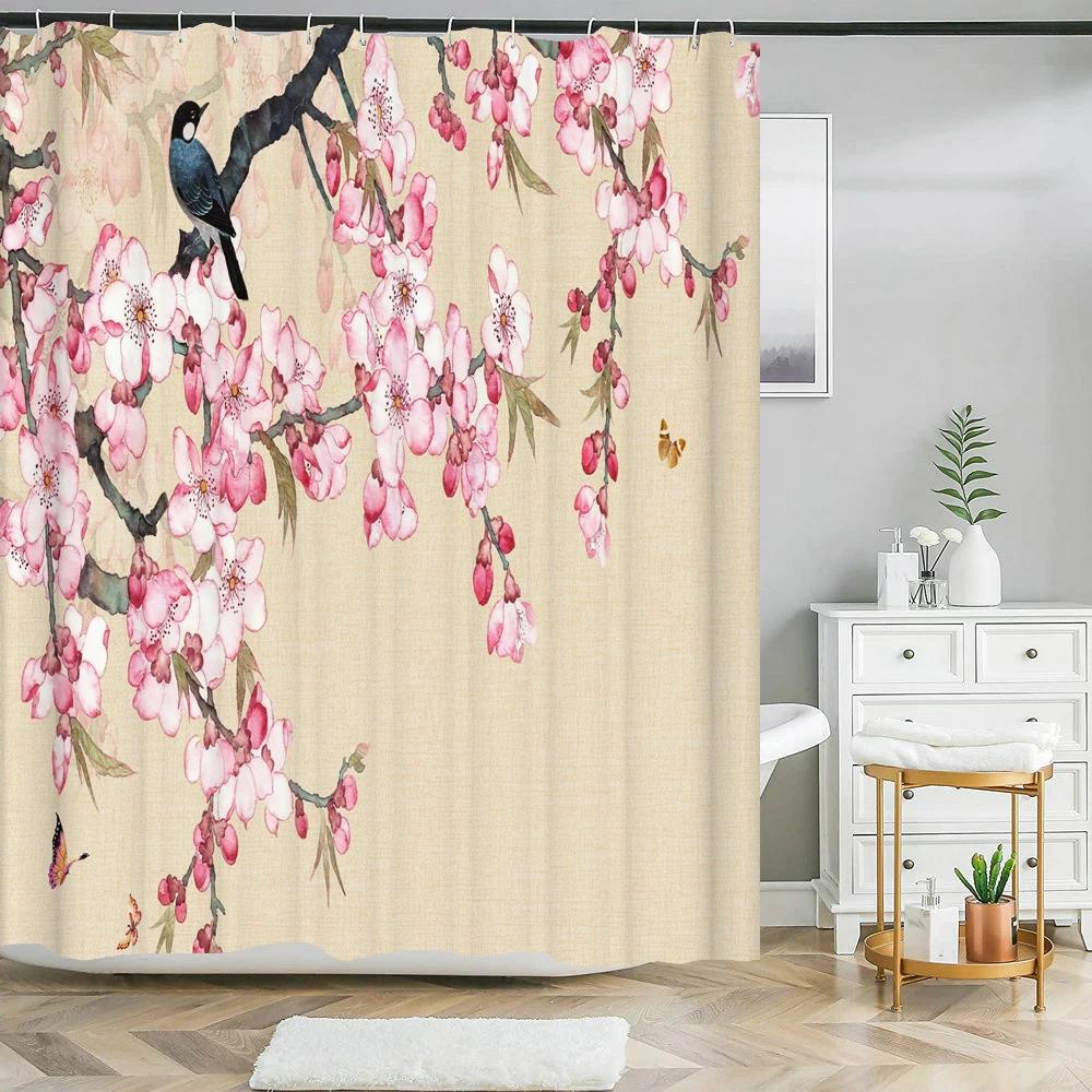 3d Printing Chinese Flower Bird Ink Landscape Shower Curtain Bathroom Waterproof Bath Curtain With Hooks Washable Cloth Decor