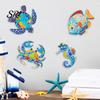 Sun-proof Outdoor Wall Art 4 Pcs Wooden Beach Decor Colorful Sea Turtle Fish Crab Seahorse Garden Decorations Sculptures Ocean Theme for Fence