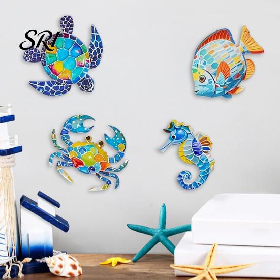 Sun-proof Outdoor Wall Art 4 Pcs Wooden Beach Decor Colorful Sea Turtle Fish Crab Seahorse Garden Decorations Sculptures Ocean Theme for Fence