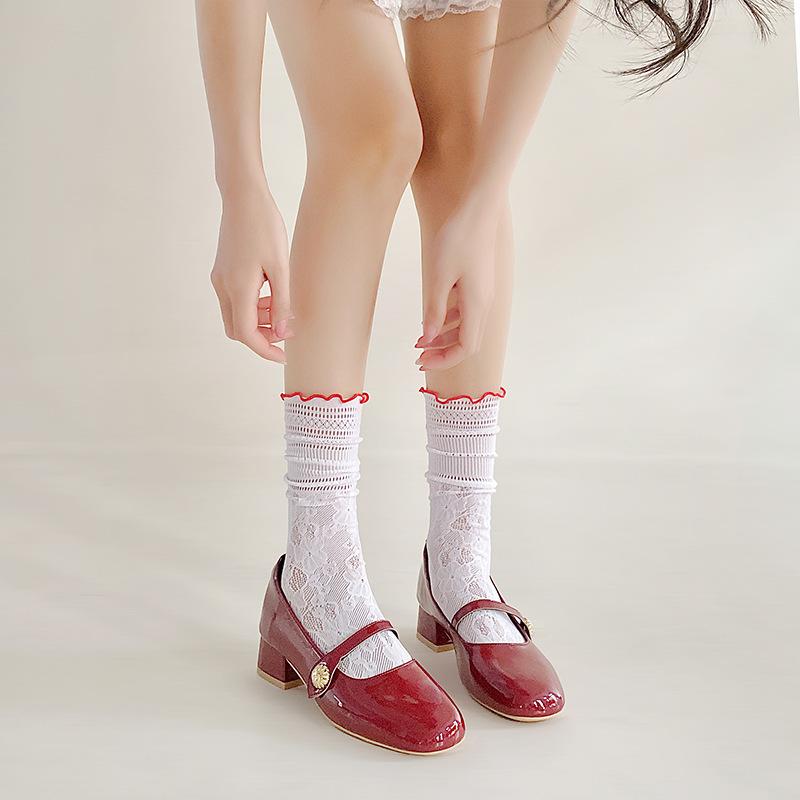 Black Fungus Lace Pile Socks for Women, Summer Hollowed-out Mid-calf Socks, Sweet Lace Lolita Red Lace Thigh-high Socks