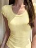 Gentle Girly U-Neck Threaded Bottom Top Short Sleeve Women's Summer Slim Skinny Spice Girl Shoulder Basic T-Shirt